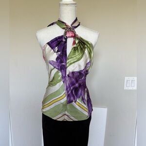 Roberto Cavalli 100% Silk Collectable Halter Top With Snake Rhinestones Brooch